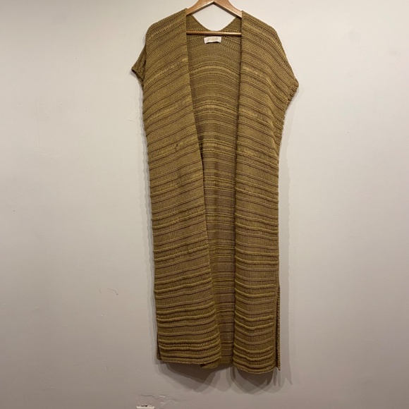 Aggel Knitwear Tan Loose Knit Long Cap Sleeve Open Front Cardigan Sweater Medium - Picture 4 of 5